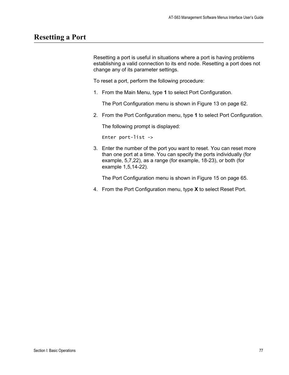 Resetting a port | Allied Telesis AT-S63 User Manual | Page 77 / 672
