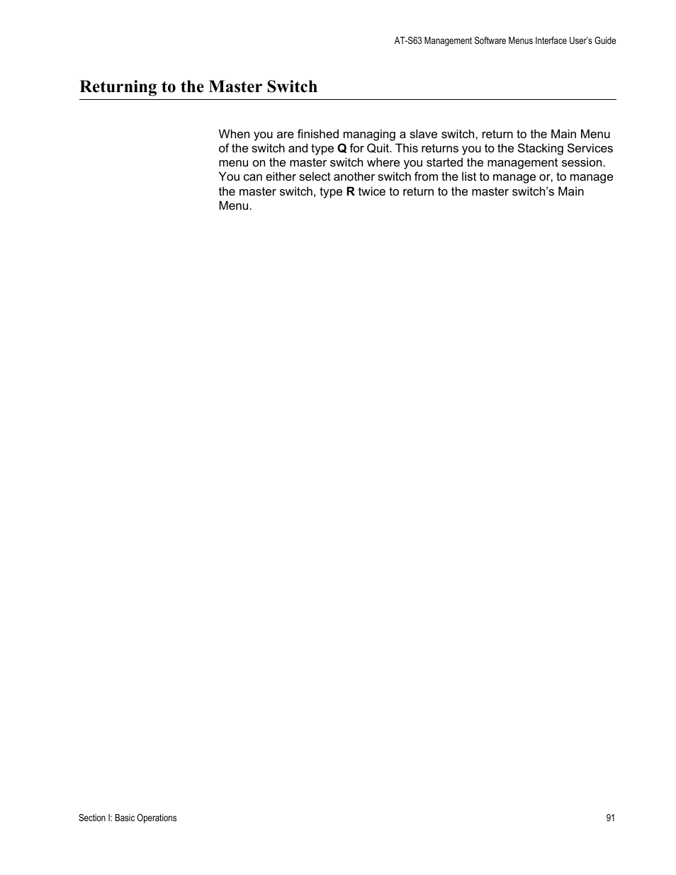 Returning to the master switch | Allied Telesis AT-S63 User Manual | Page 91 / 672