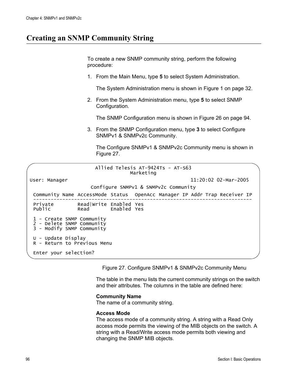 Creating an snmp community string | Allied Telesis AT-S63 User Manual | Page 96 / 672