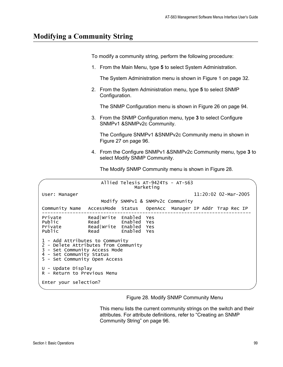 Modifying a community string, Figure 28: modify snmp community menu | Allied Telesis AT-S63 User Manual | Page 99 / 672