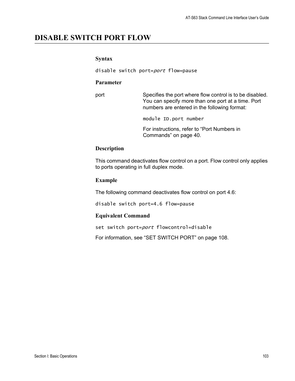 Disable switch port flow | Allied Telesis AT-S63 User Manual | Page 103 / 300