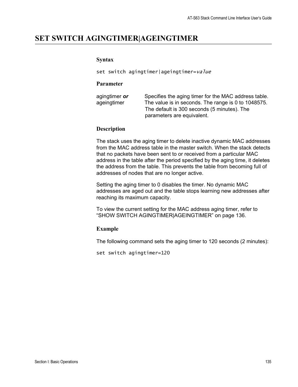 Set switch agingtimer|ageingtimer | Allied Telesis AT-S63 User Manual | Page 135 / 300