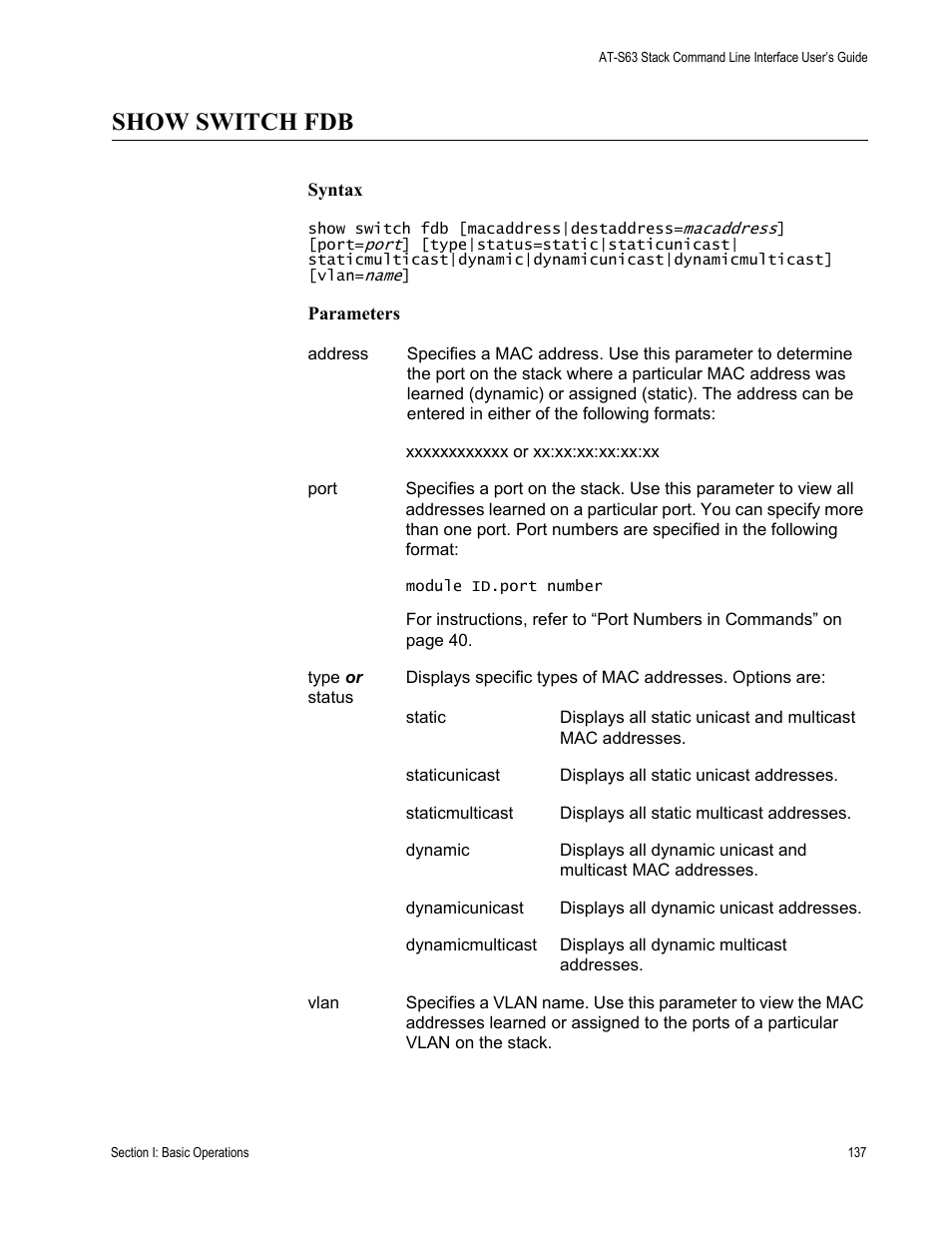 Show switch fdb | Allied Telesis AT-S63 User Manual | Page 137 / 300