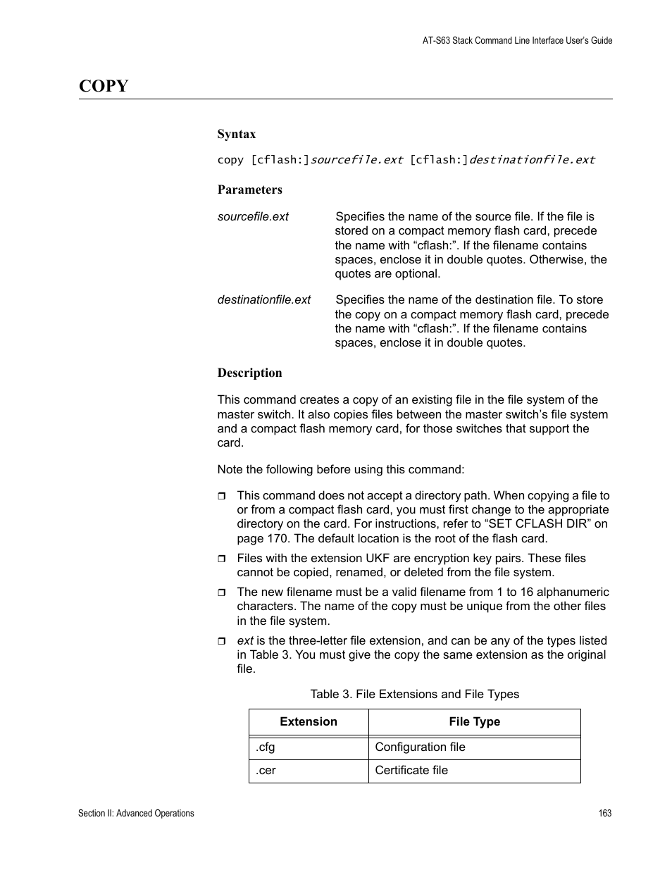 Copy, Table 3. file extensions and file types | Allied Telesis AT-S63 User Manual | Page 163 / 300