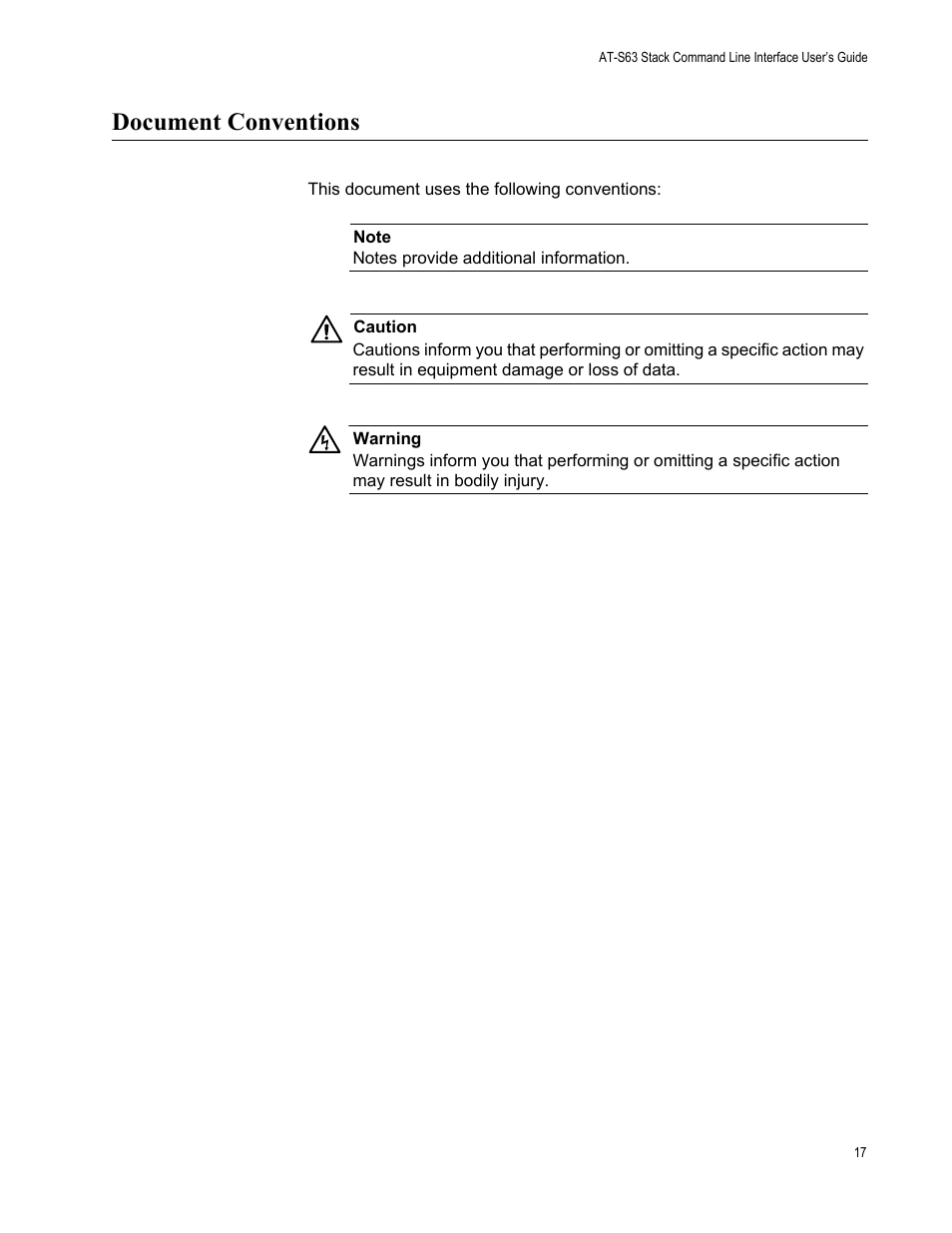 Document conventions | Allied Telesis AT-S63 User Manual | Page 17 / 300
