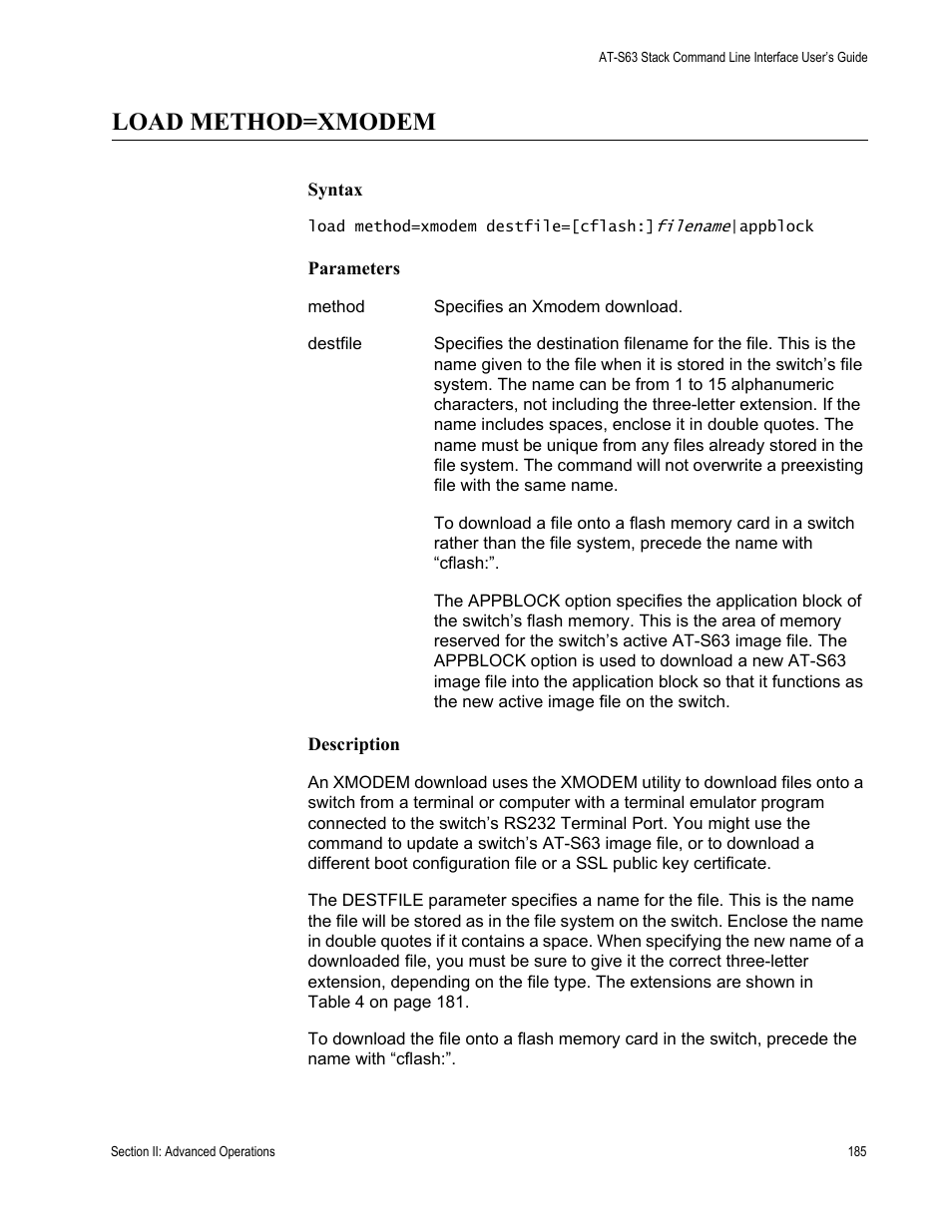 Load method=xmodem | Allied Telesis AT-S63 User Manual | Page 185 / 300