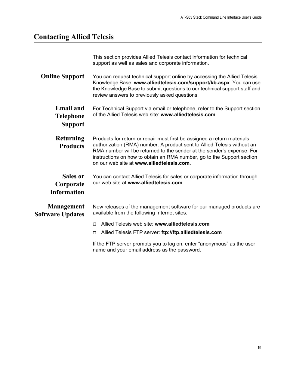 Contacting allied telesis, Online support, Email and telephone support | Returning products, Sales or corporate information, Management software updates | Allied Telesis AT-S63 User Manual | Page 19 / 300