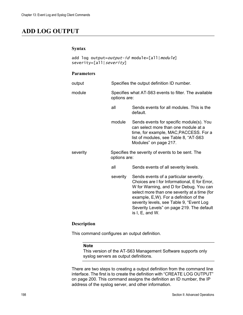 Add log output | Allied Telesis AT-S63 User Manual | Page 198 / 300