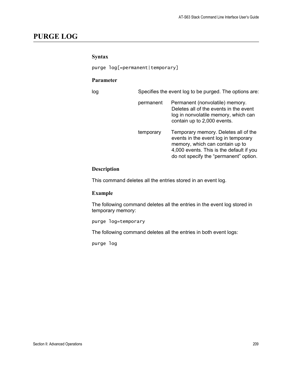 Purge log | Allied Telesis AT-S63 User Manual | Page 209 / 300