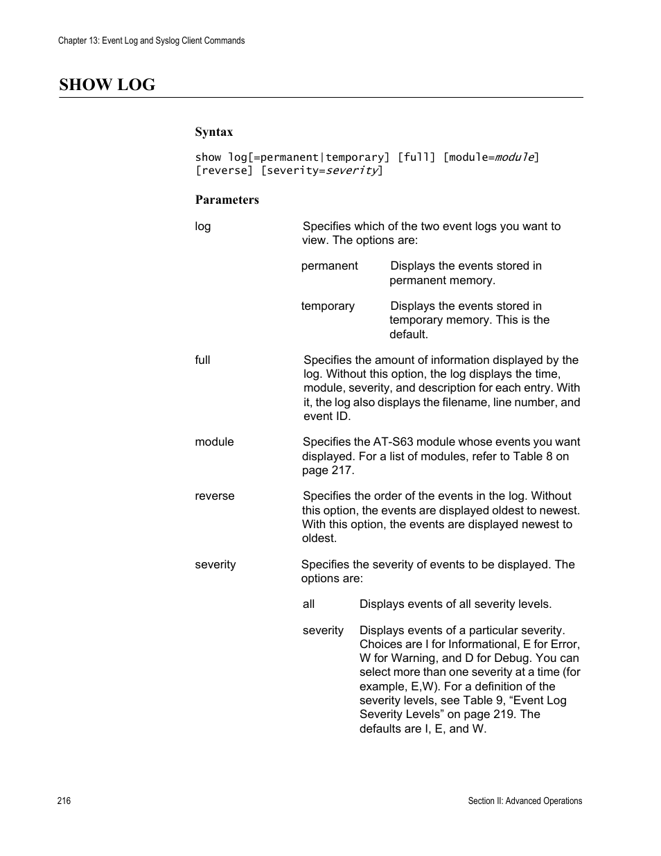 Show log | Allied Telesis AT-S63 User Manual | Page 216 / 300