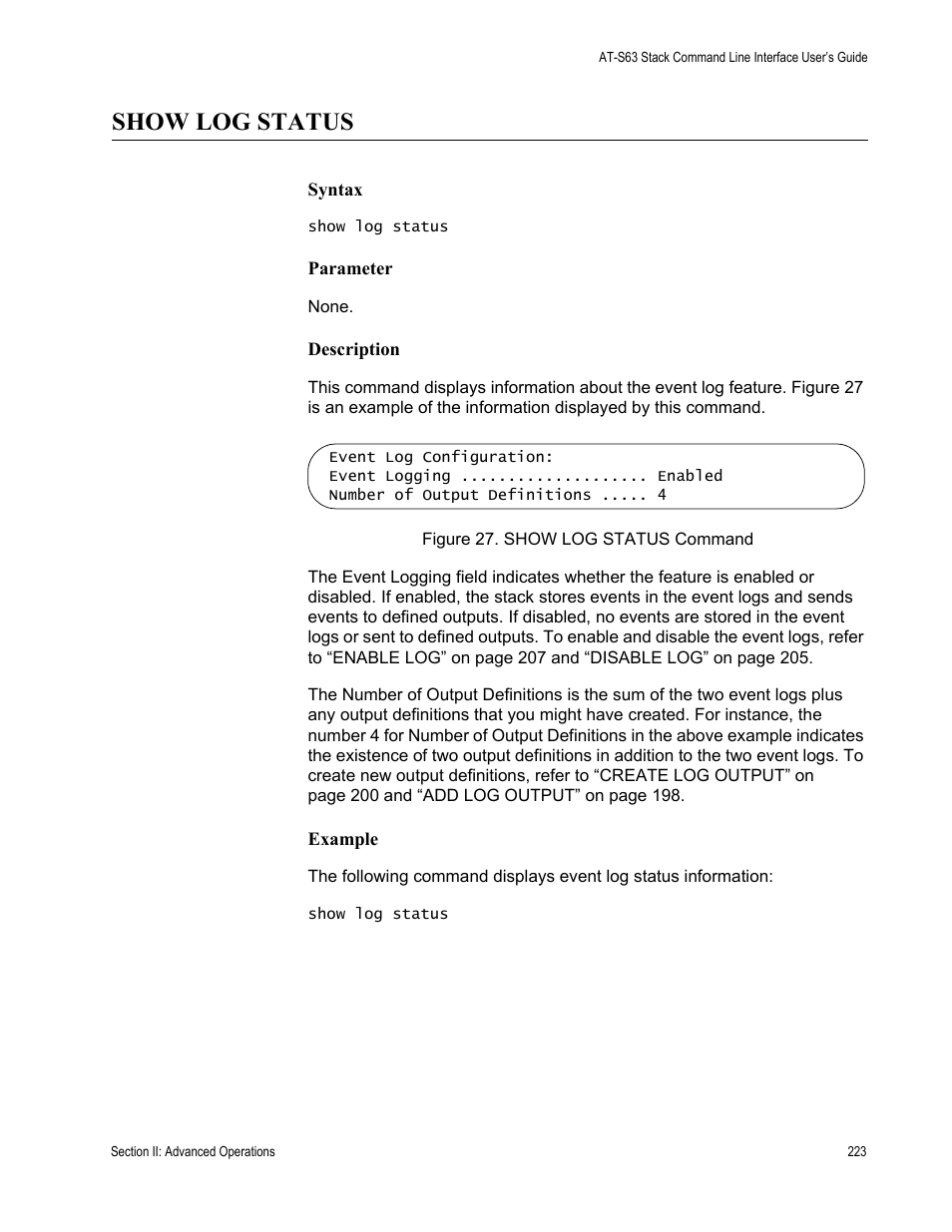 Show log status | Allied Telesis AT-S63 User Manual | Page 223 / 300