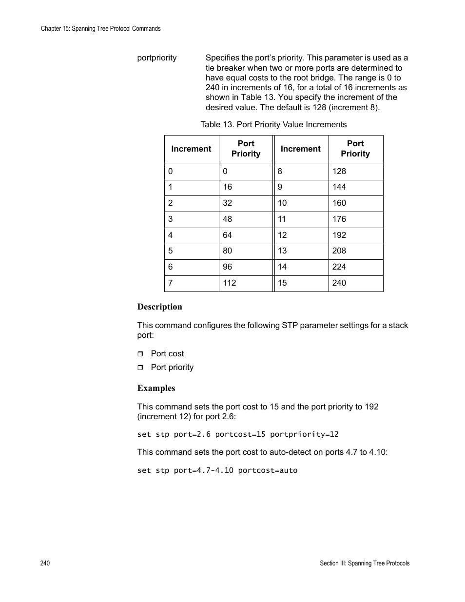 Table 13. port priority value increments | Allied Telesis AT-S63 User Manual | Page 240 / 300