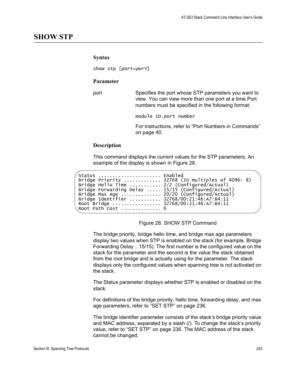 Show stp | Allied Telesis AT-S63 User Manual | Page 243 / 300