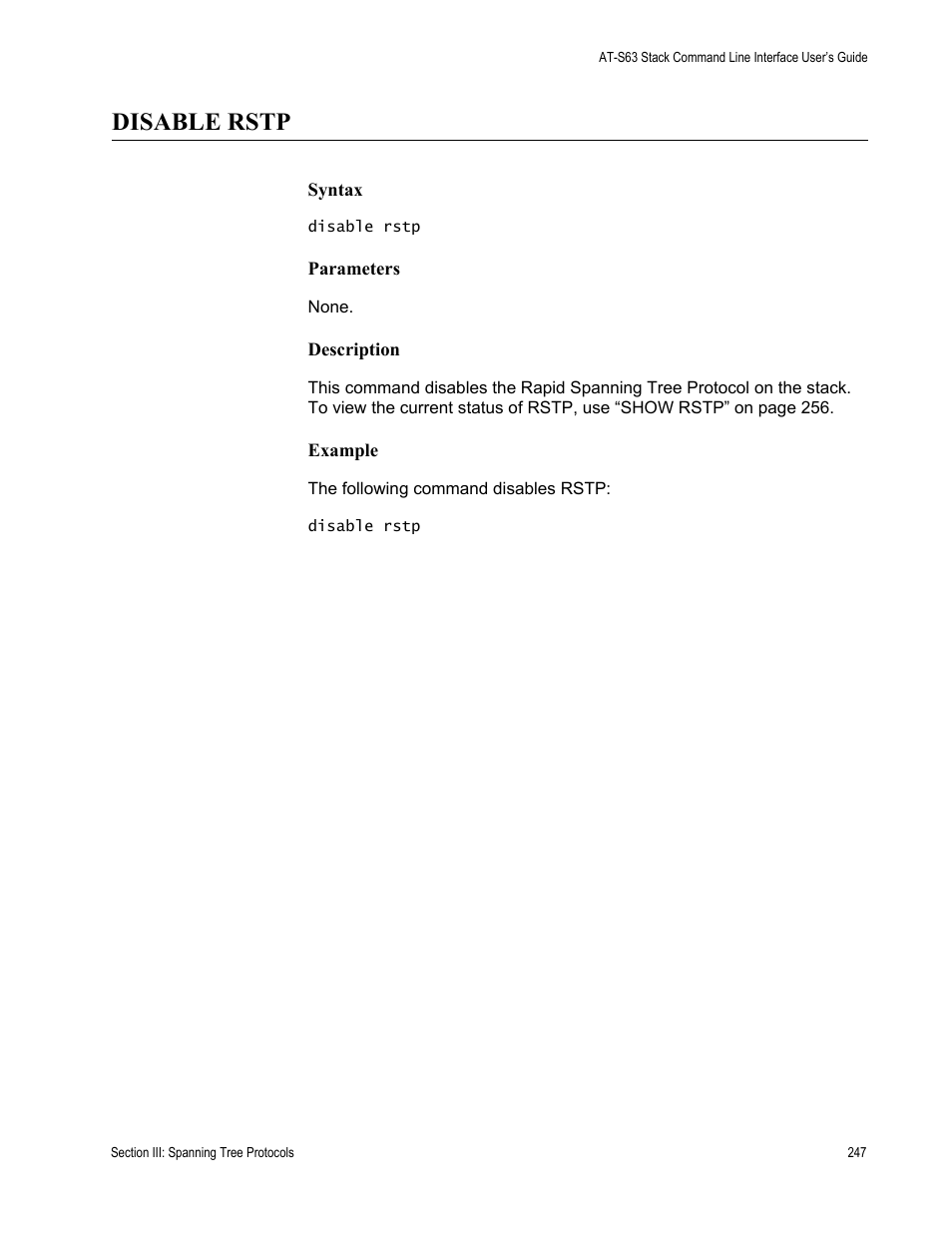 Disable rstp | Allied Telesis AT-S63 User Manual | Page 247 / 300