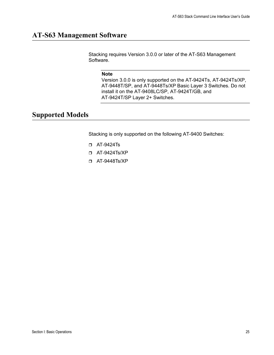 At-s63 management software, Supported models, At-s63 management software supported models | Allied Telesis AT-S63 User Manual | Page 25 / 300