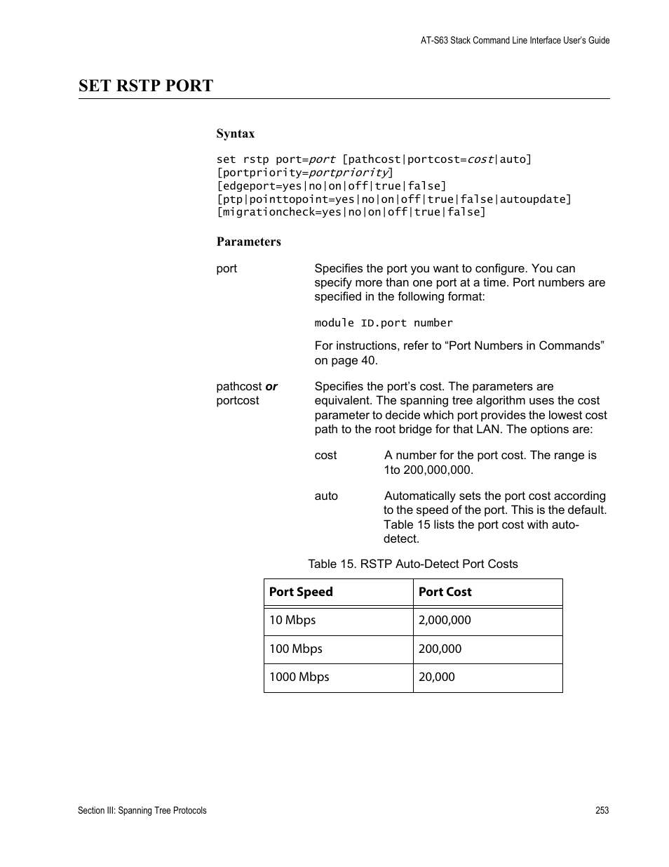 Set rstp port, Table 15. rstp auto-detect port costs | Allied Telesis AT-S63 User Manual | Page 253 / 300