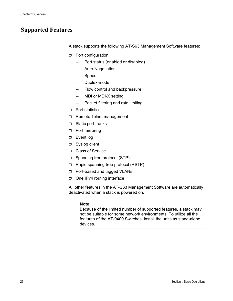 Supported features | Allied Telesis AT-S63 User Manual | Page 26 / 300