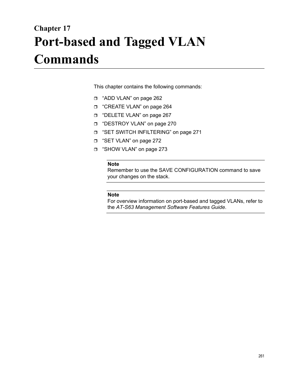 Chapter 17, Port-based and tagged vlan commands | Allied Telesis AT-S63 User Manual | Page 261 / 300