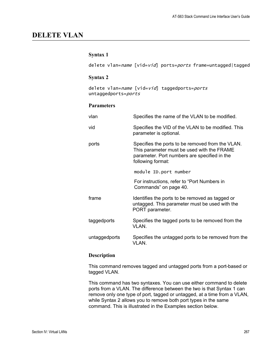 Delete vlan | Allied Telesis AT-S63 User Manual | Page 267 / 300