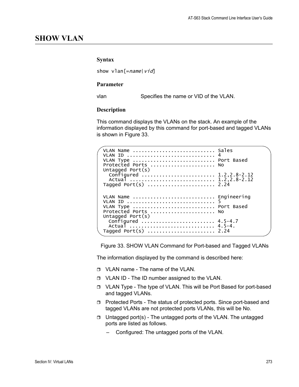 Show vlan | Allied Telesis AT-S63 User Manual | Page 273 / 300