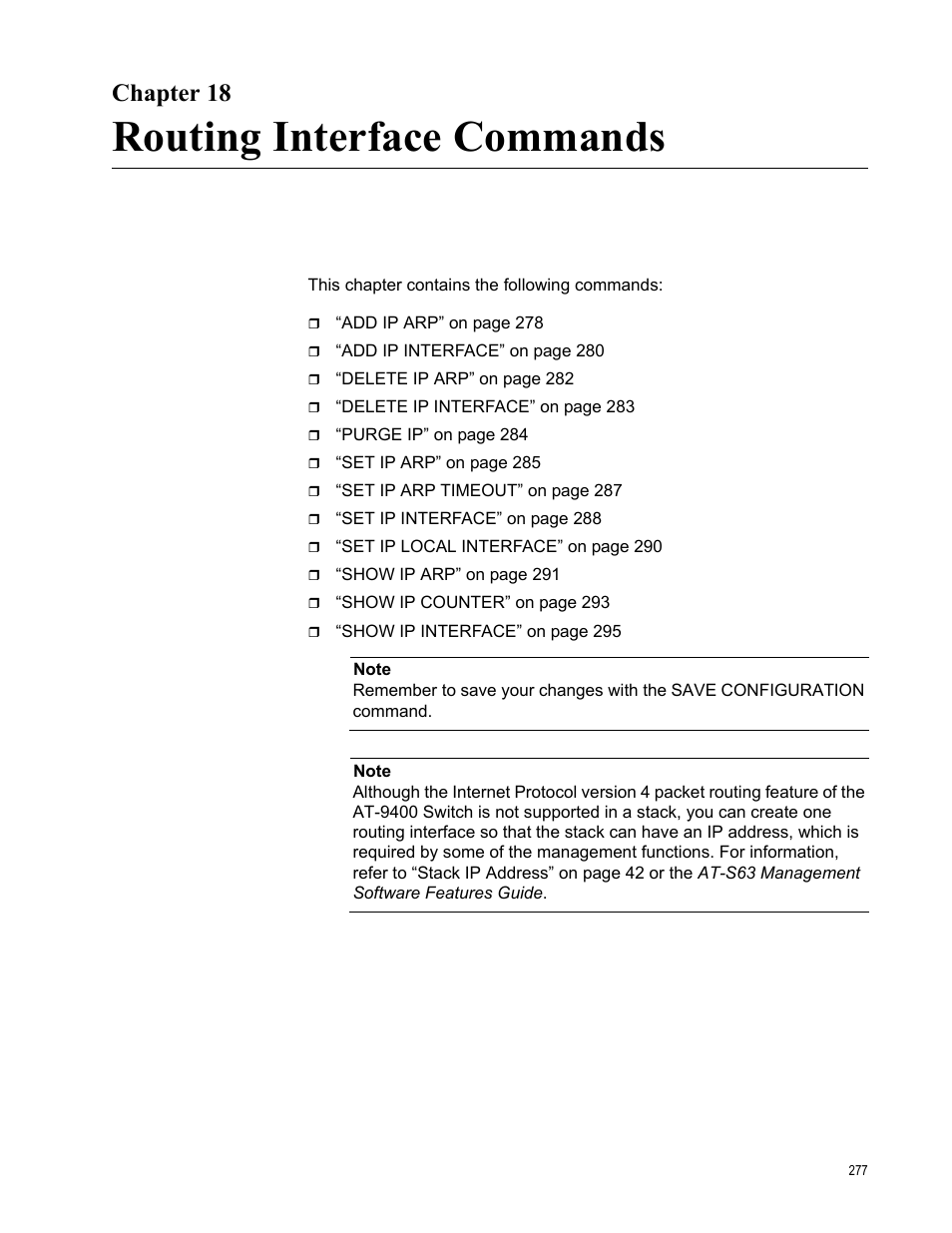 Chapter 18, Routing interface commands | Allied Telesis AT-S63 User Manual | Page 277 / 300