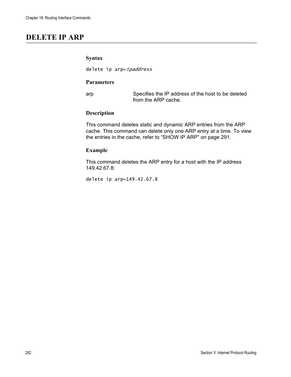 Delete ip arp | Allied Telesis AT-S63 User Manual | Page 282 / 300