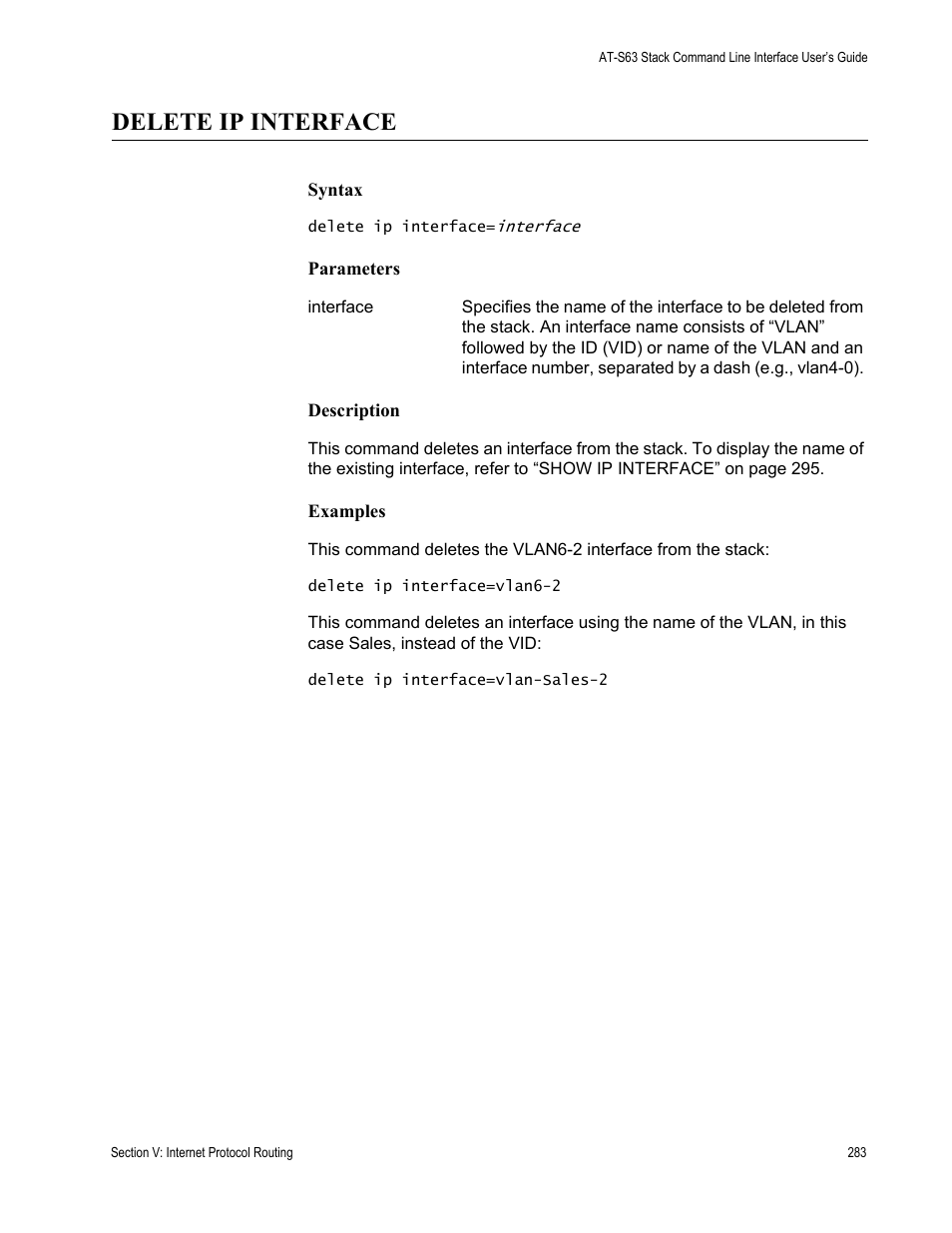 Delete ip interface | Allied Telesis AT-S63 User Manual | Page 283 / 300