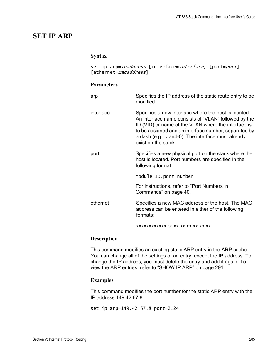 Set ip arp | Allied Telesis AT-S63 User Manual | Page 285 / 300