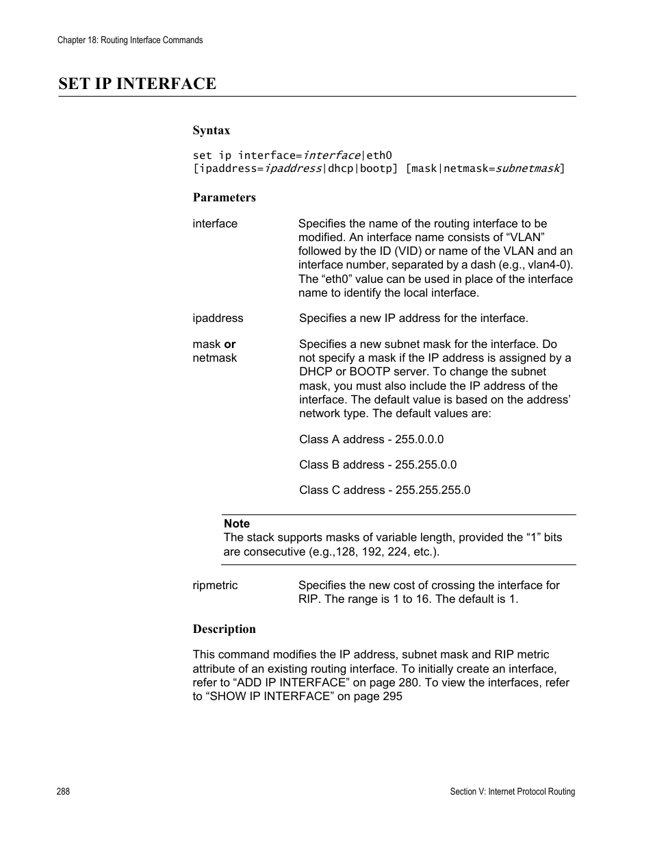 Set ip interface | Allied Telesis AT-S63 User Manual | Page 288 / 300