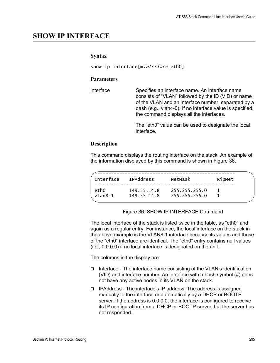 Show ip interface | Allied Telesis AT-S63 User Manual | Page 295 / 300