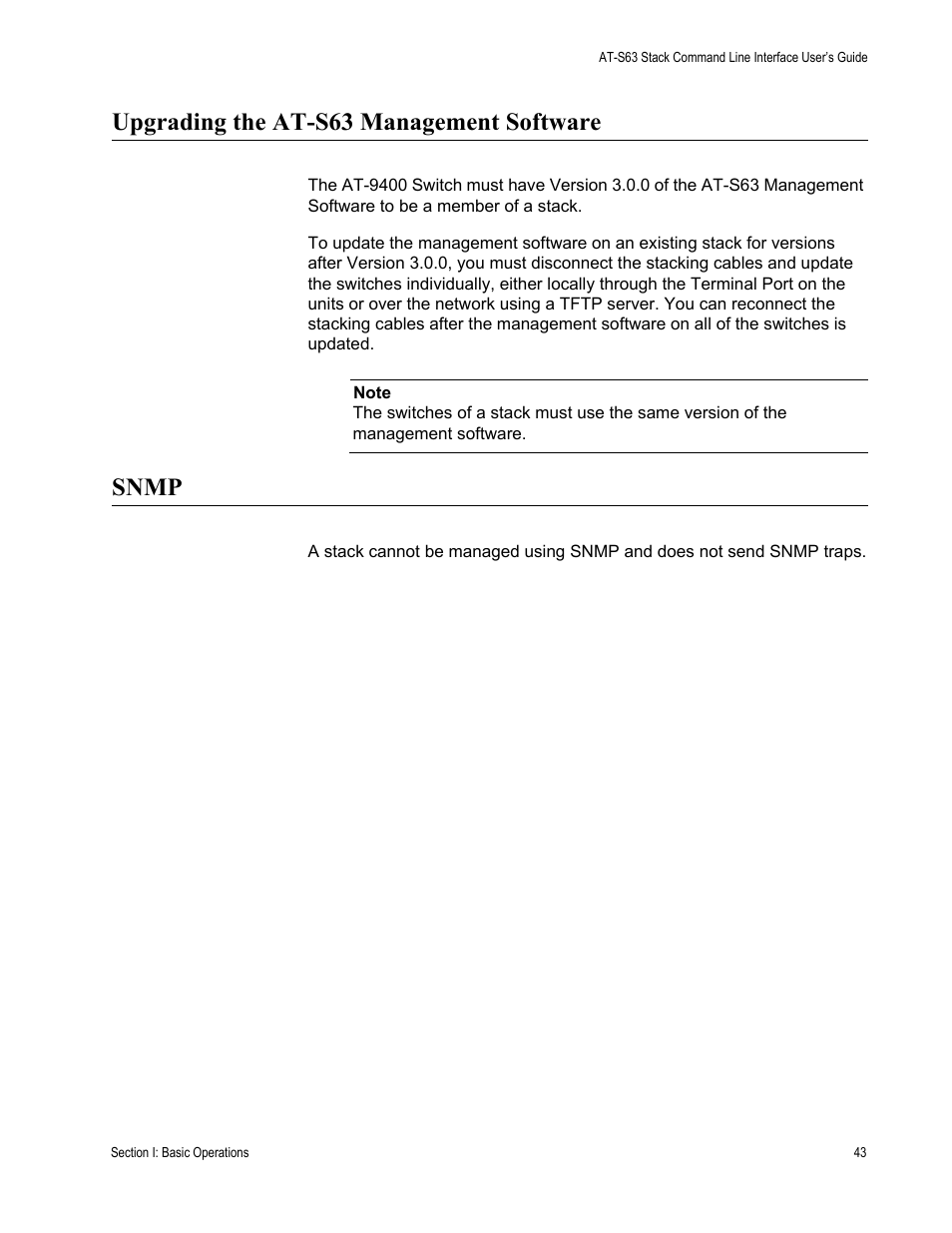 Upgrading the at-s63 management software, Snmp, Upgrading the at-s63 management software snmp | Allied Telesis AT-S63 User Manual | Page 43 / 300