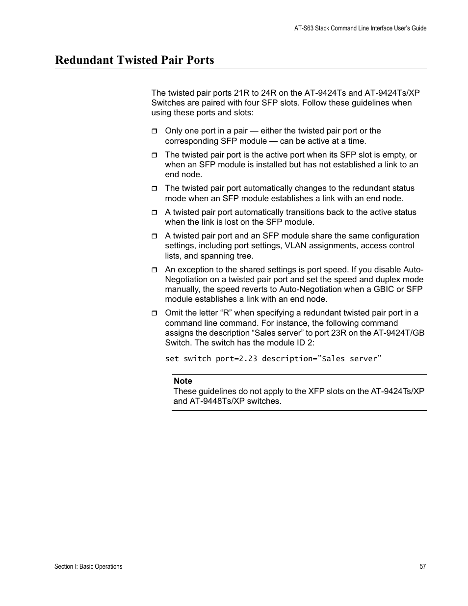 Redundant twisted pair ports | Allied Telesis AT-S63 User Manual | Page 57 / 300