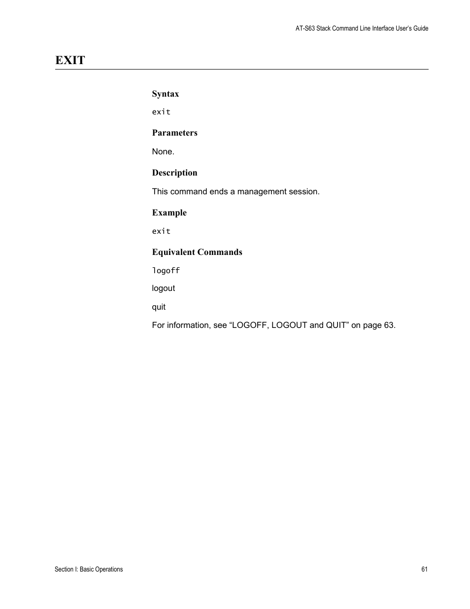 Exit | Allied Telesis AT-S63 User Manual | Page 61 / 300