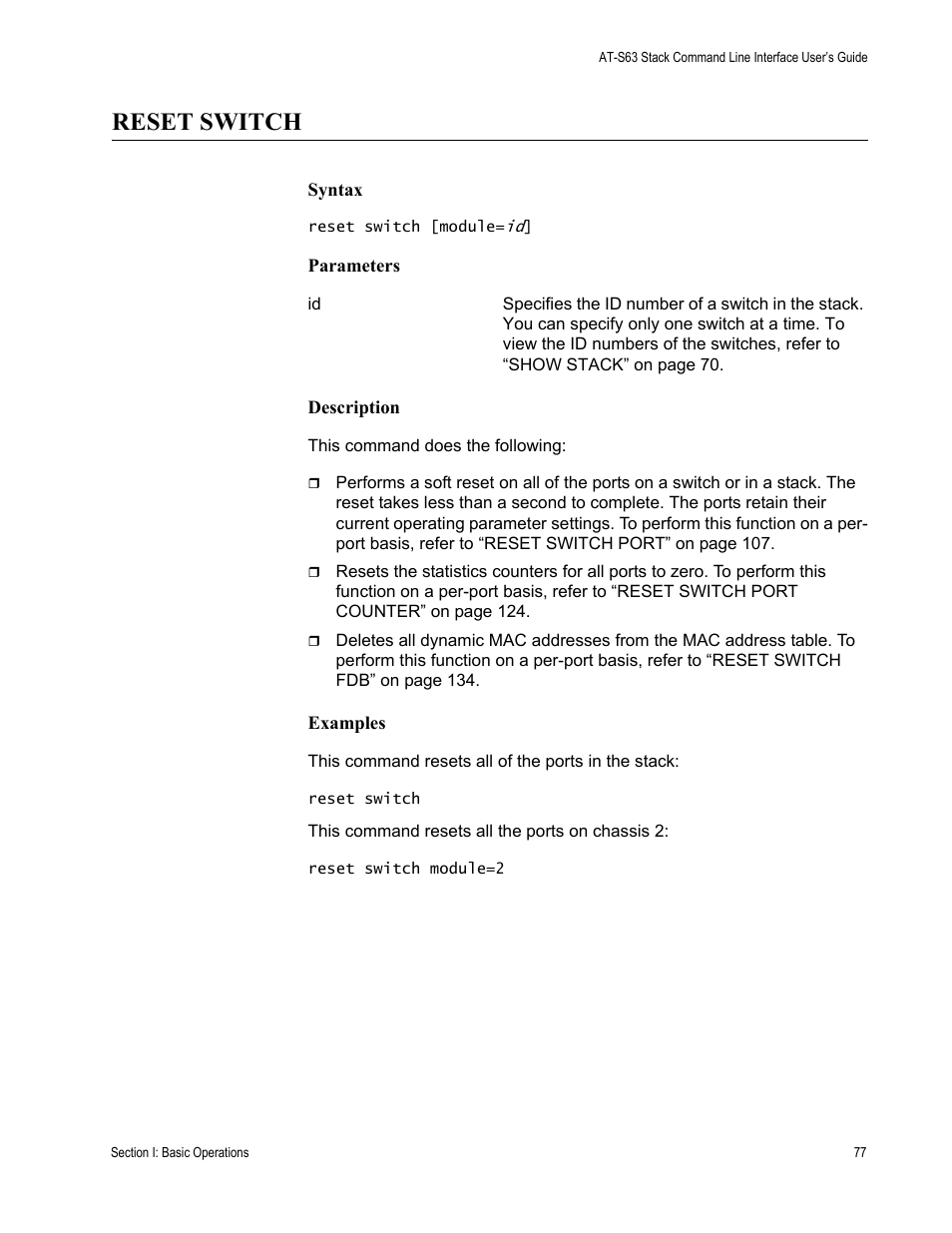 Reset switch | Allied Telesis AT-S63 User Manual | Page 77 / 300