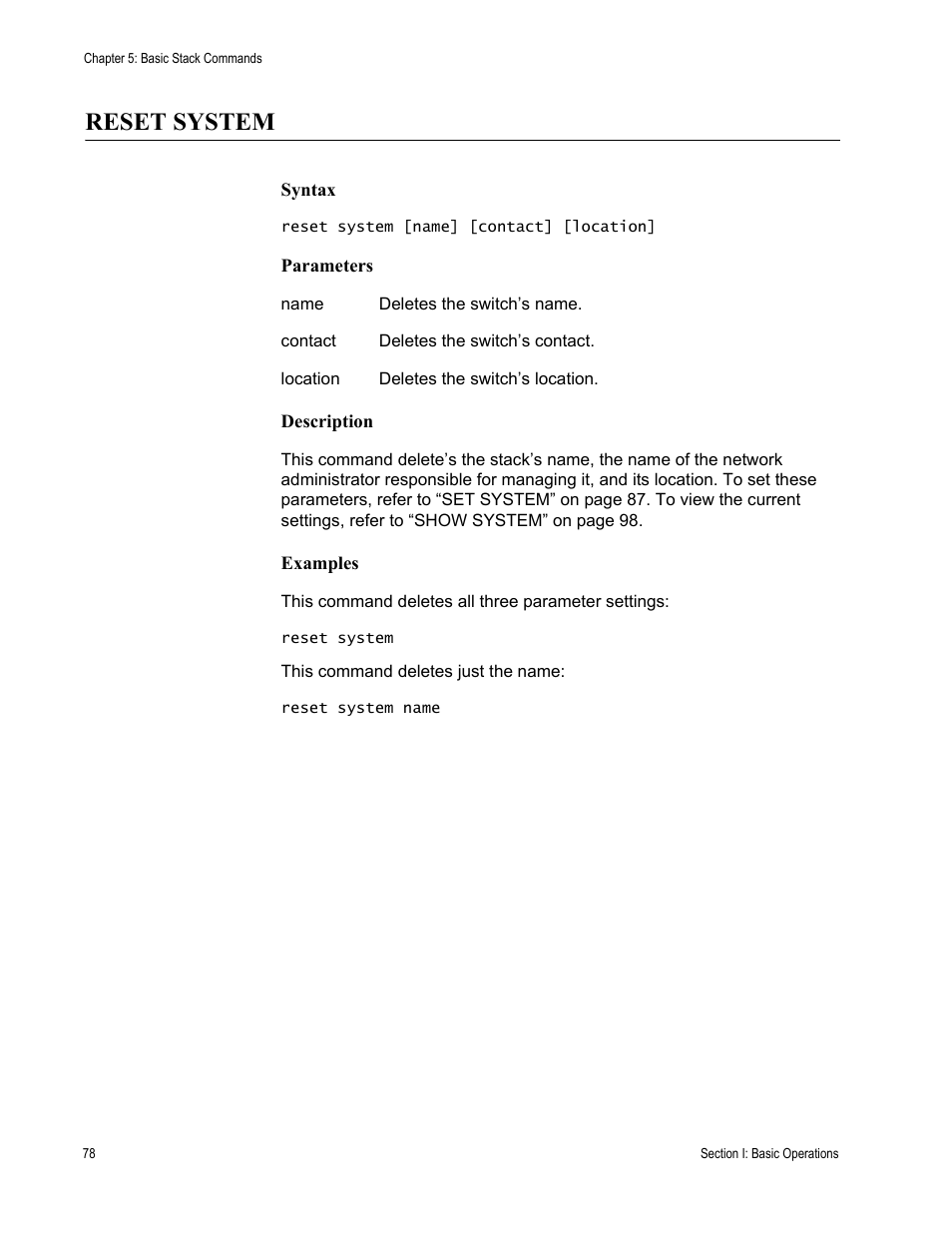Reset system | Allied Telesis AT-S63 User Manual | Page 78 / 300