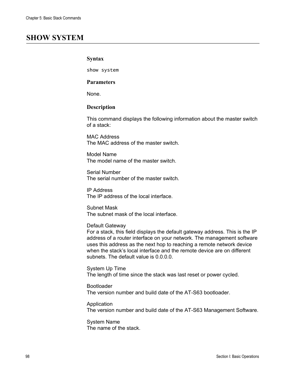 Show system | Allied Telesis AT-S63 User Manual | Page 98 / 300