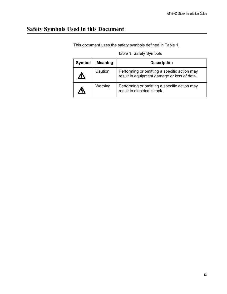 Safety symbols used in this document | Allied Telesis AT-9448Ts/XP User Manual | Page 13 / 100