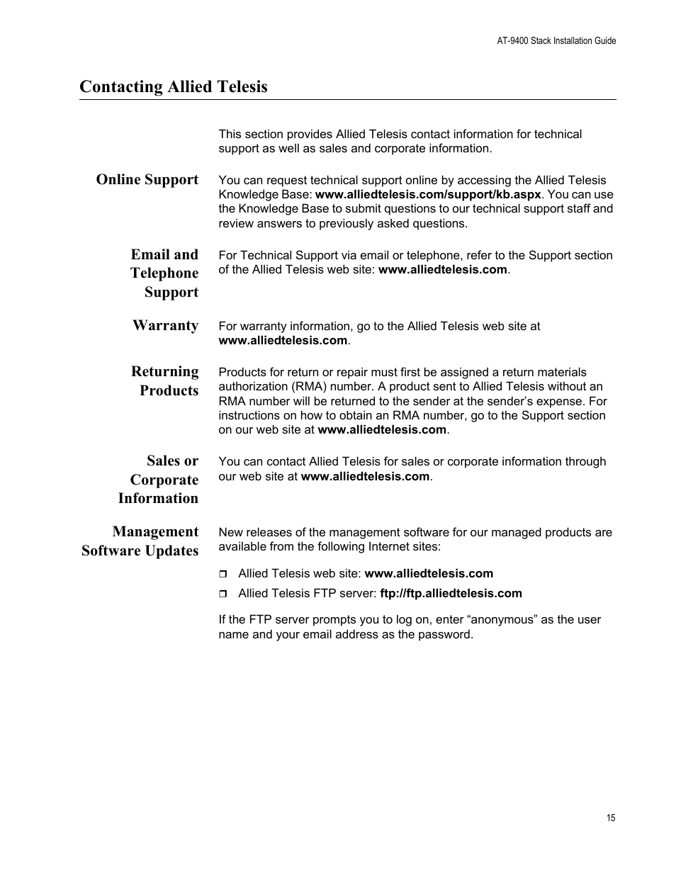 Contacting allied telesis, Online support, Email and telephone support | Warranty, Returning products, Sales or corporate information, Management software updates | Allied Telesis AT-9448Ts/XP User Manual | Page 15 / 100