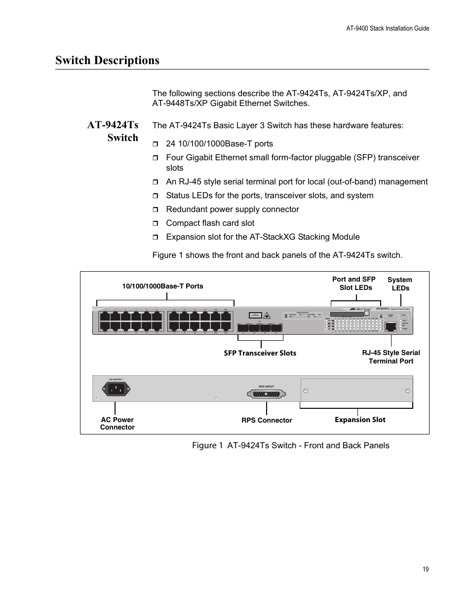 Switch descriptions, At-9424ts switch, Figure 1 | Redundant power supply connector, Compact flash card slot, At-9424ts switch - front and back panels, Sfp transceiver slots, Expansion slot, D/c l/a | Allied Telesis AT-9448Ts/XP User Manual | Page 19 / 100