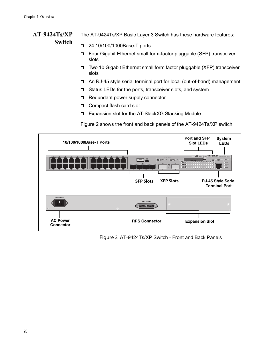 At-9424ts/xp switch, Figure 2, Redundant power supply connector | Compact flash card slot, At-9424ts/xp switch - front and back panels, Sfp slots, Xfp slots, Chapter 1: overview 20, D/c l/a, Expansion slot | Allied Telesis AT-9448Ts/XP User Manual | Page 20 / 100