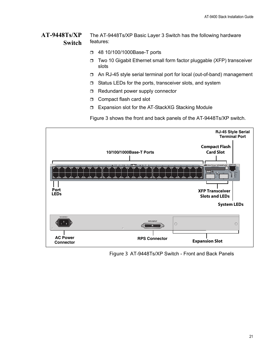 At-9448ts/xp switch, Figure 3, Redundant power supply connector | Compact flash card slot, At-9448ts/xp switch - front and back panels, Port leds, Xfp transceiver, Slots and leds system leds, Expansion slot compact flash card slot, Rj-45 style serial terminal port | Allied Telesis AT-9448Ts/XP User Manual | Page 21 / 100