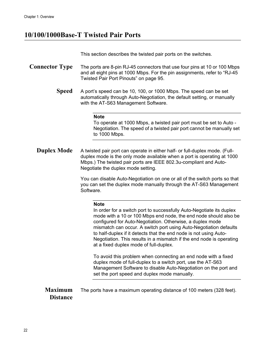 10/100/1000base-t twisted pair ports, Connector type, Speed | Duplex mode, Maximum distance, Connector type speed duplex mode maximum distance | Allied Telesis AT-9448Ts/XP User Manual | Page 22 / 100