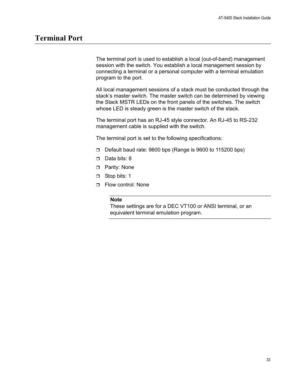 Terminal port | Allied Telesis AT-9448Ts/XP User Manual | Page 33 / 100