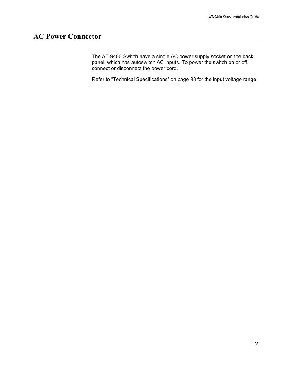 Ac power connector | Allied Telesis AT-9448Ts/XP User Manual | Page 35 / 100