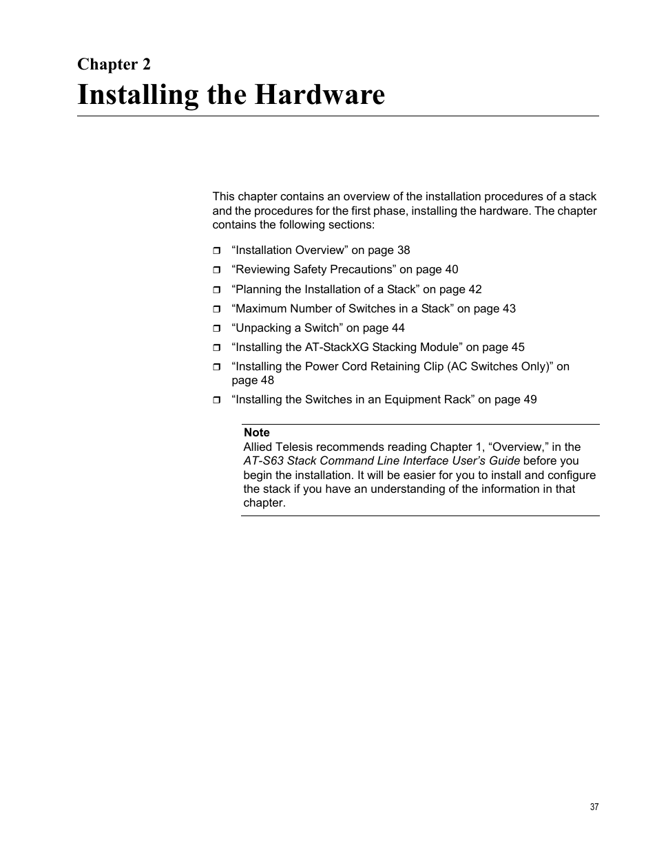 Chapter 2, Installing the hardware | Allied Telesis AT-9448Ts/XP User Manual | Page 37 / 100