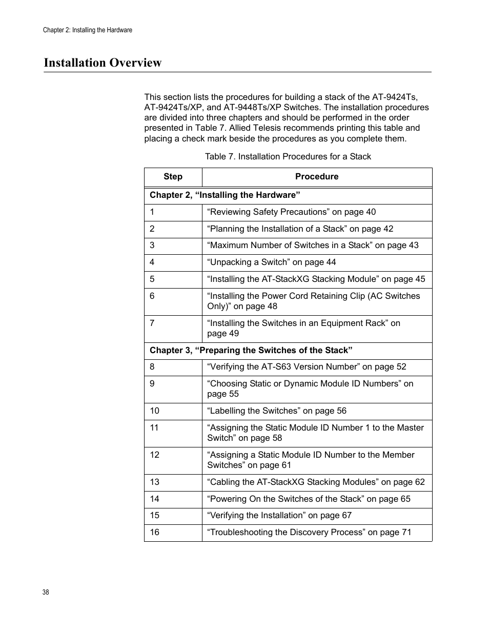 Installation overview | Allied Telesis AT-9448Ts/XP User Manual | Page 38 / 100