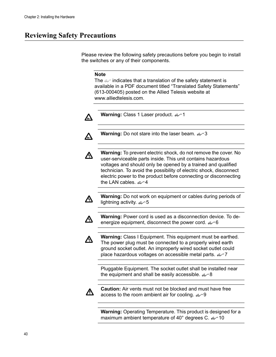 Reviewing safety precautions | Allied Telesis AT-9448Ts/XP User Manual | Page 40 / 100