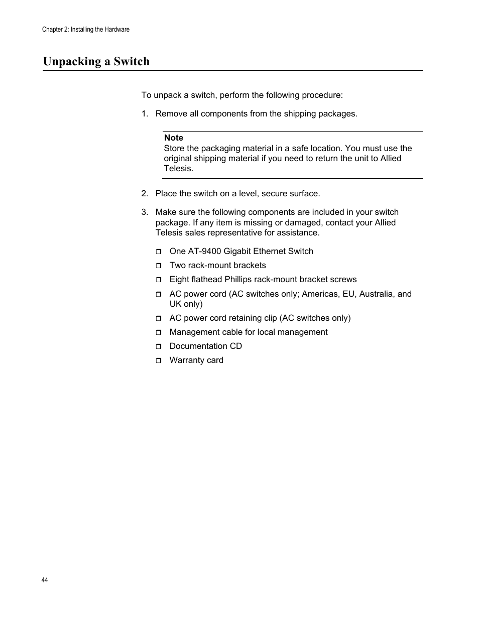 Unpacking a switch | Allied Telesis AT-9448Ts/XP User Manual | Page 44 / 100
