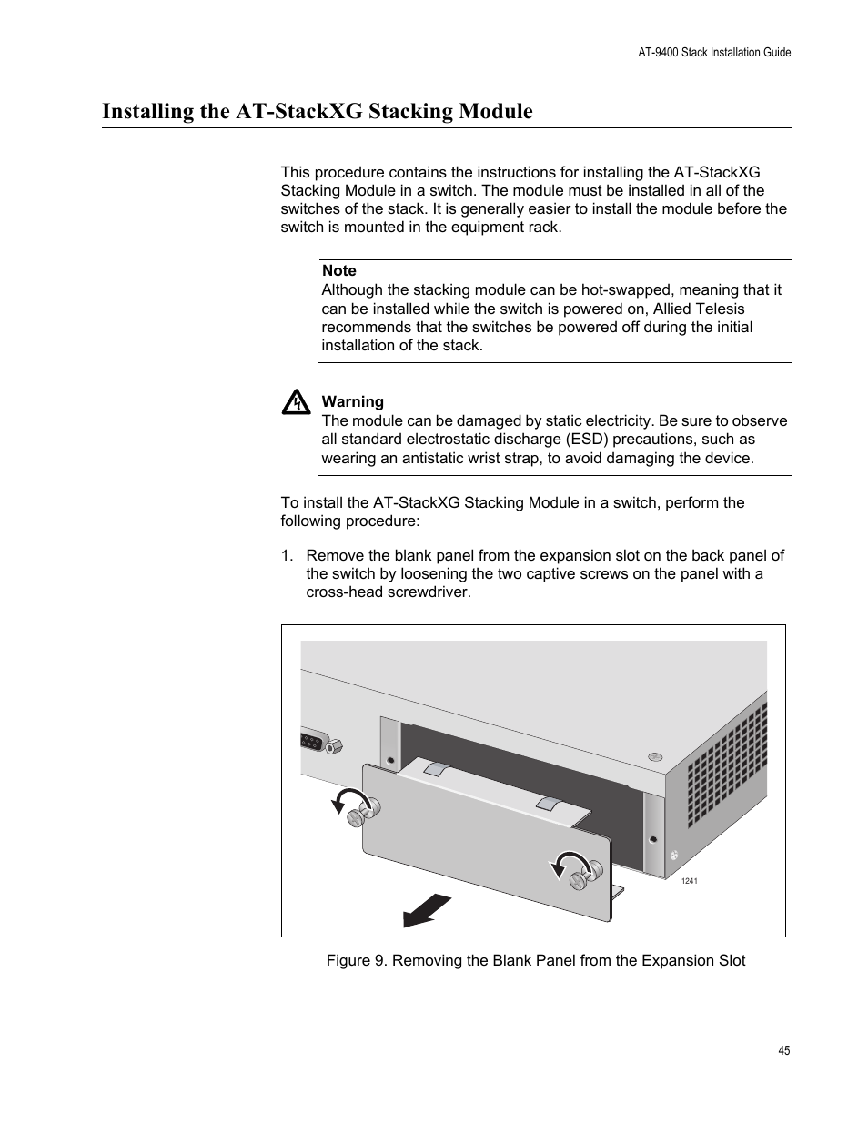 Installing the at-stackxg stacking module | Allied Telesis AT-9448Ts/XP User Manual | Page 45 / 100
