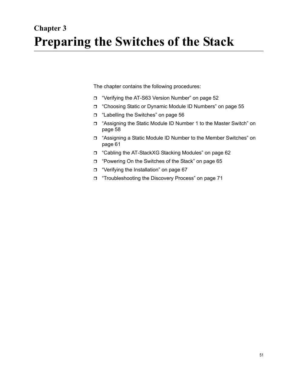 Chapter 3, Preparing the switches of the stack, Chapter 3, “preparing the switches of the stack | Allied Telesis AT-9448Ts/XP User Manual | Page 51 / 100